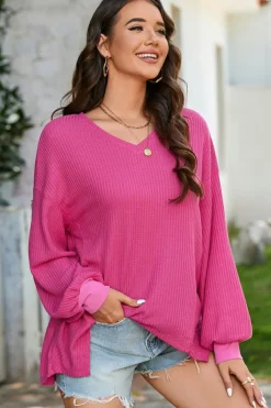 Clearance Dear-Lover Waffle V Neck Long Sleeve Drop Shoulder Loose Blouse Bright Pink