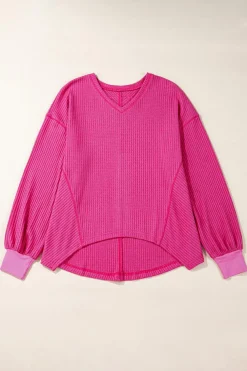 Clearance Dear-Lover Waffle V Neck Long Sleeve Drop Shoulder Loose Blouse Bright Pink
