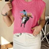 Fashion Dear-Lover Western Cowboy Embroidery Round Neck Sleeveless Sweater Bright Pink