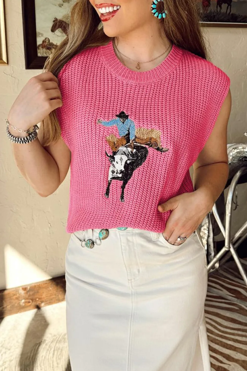 Fashion Dear-Lover Western Cowboy Embroidery Round Neck Sleeveless Sweater Bright Pink