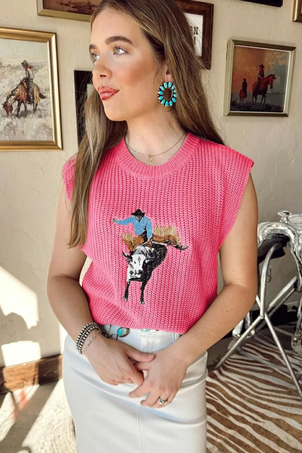 Fashion Dear-Lover Western Cowboy Embroidery Round Neck Sleeveless Sweater Bright Pink