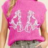 Clearance Dear-Lover Western Horse Embroidered Round Neck Sweater Tee Bright Pink