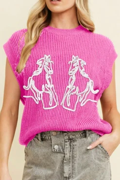 Clearance Dear-Lover Western Horse Embroidered Round Neck Sweater Tee Bright Pink