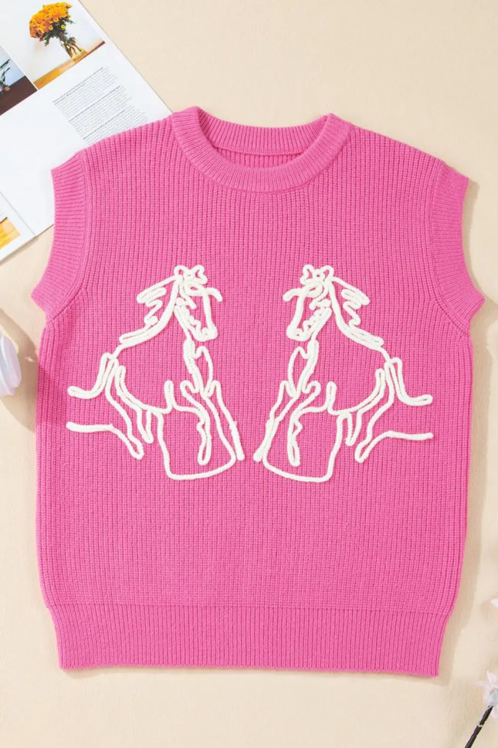 Clearance Dear-Lover Western Horse Embroidered Round Neck Sweater Tee Bright Pink