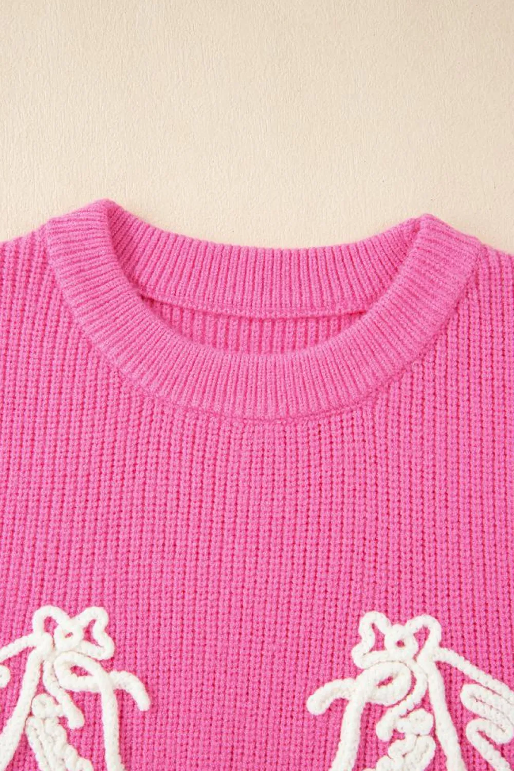 Clearance Dear-Lover Western Horse Embroidered Round Neck Sweater Tee Bright Pink