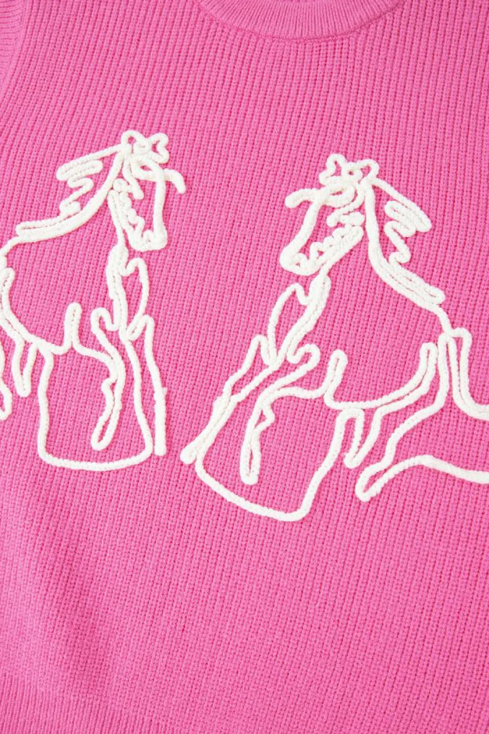 Clearance Dear-Lover Western Horse Embroidered Round Neck Sweater Tee Bright Pink