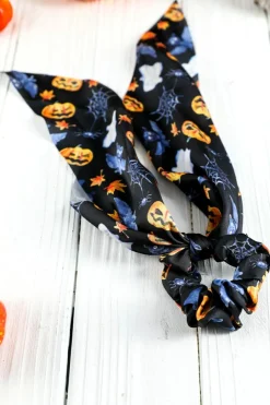 Online Dear-Lover Halloween Pumpkin Face Printed Satin Scrunch Hair Tie Bristol Black