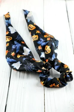 Online Dear-Lover Halloween Pumpkin Face Printed Satin Scrunch Hair Tie Bristol Black
