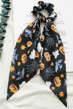 Online Dear-Lover Halloween Pumpkin Face Printed Satin Scrunch Hair Tie Bristol Black