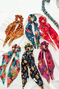 Online Dear-Lover Halloween Pumpkin Face Printed Satin Scrunch Hair Tie Bristol Black
