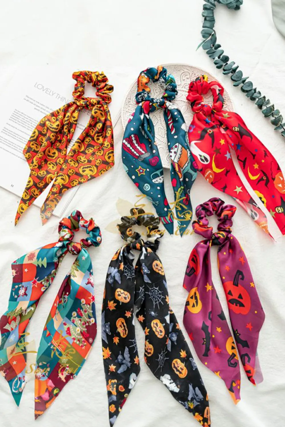 Online Dear-Lover Halloween Pumpkin Face Printed Satin Scrunch Hair Tie Bristol Black