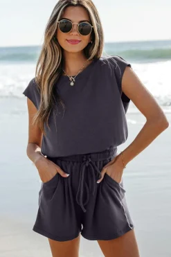 Discount Dear-Lover Knit Open Back Cap Sleeve Drawstring Romper Bristol Black