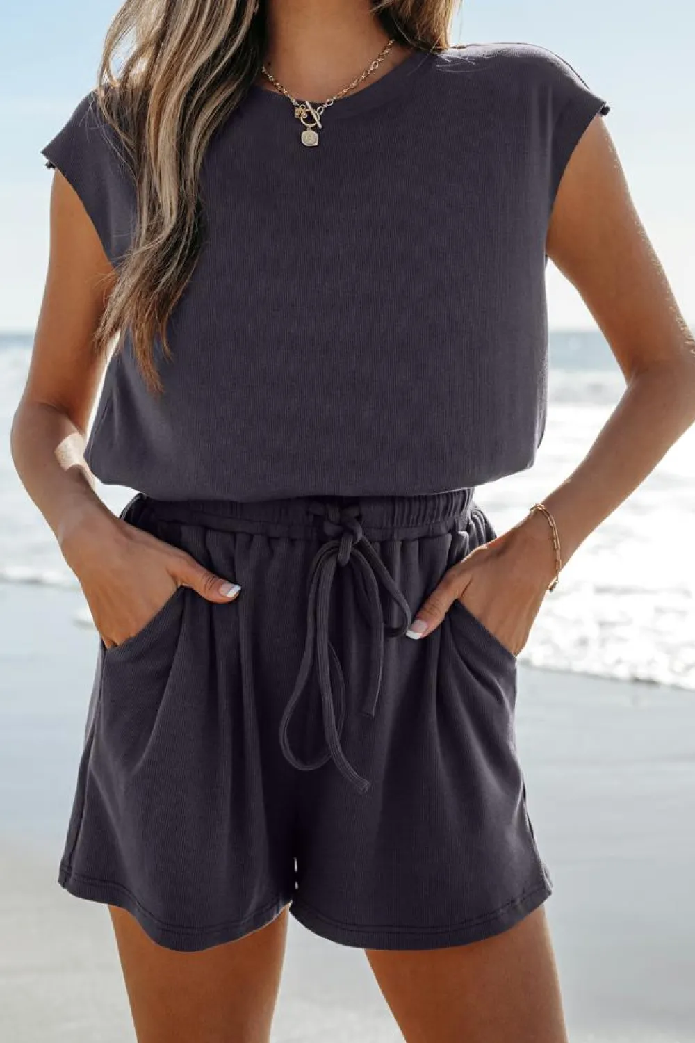 Discount Dear-Lover Knit Open Back Cap Sleeve Drawstring Romper Bristol Black