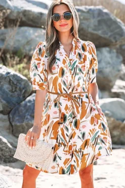 Fashion Dear-Lover Abstract Printed Puff Sleeve Button Up Braided Belt Mini Dress Brown
