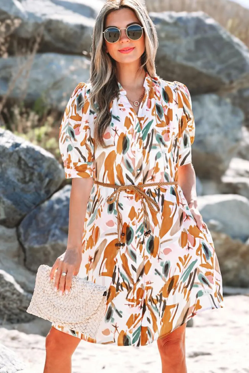 Fashion Dear-Lover Abstract Printed Puff Sleeve Button Up Braided Belt Mini Dress Brown