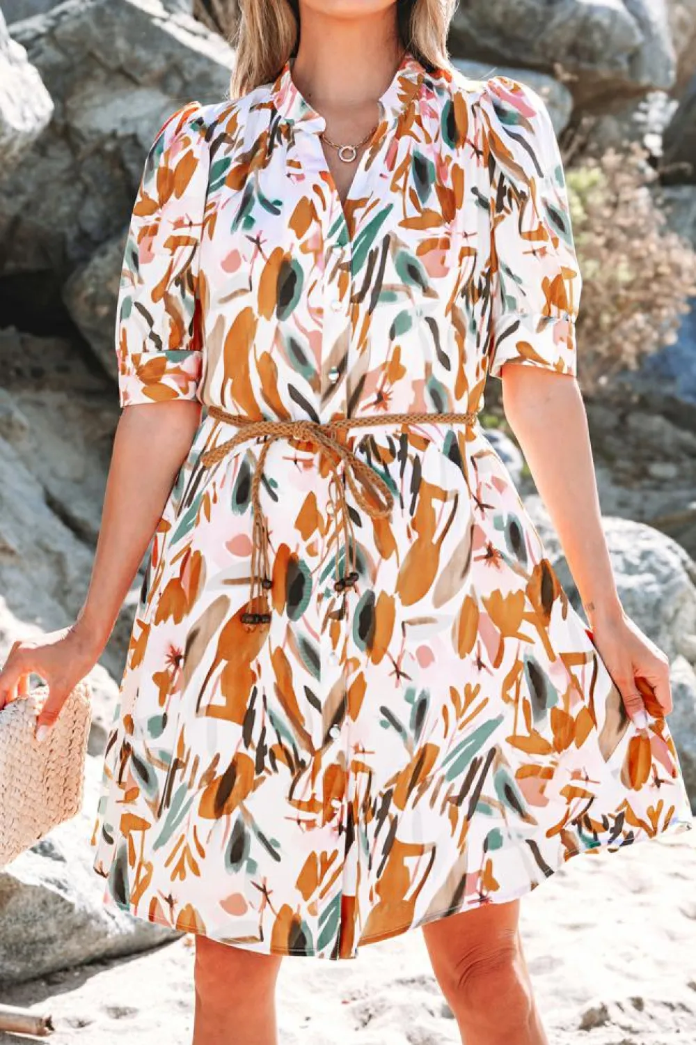 Fashion Dear-Lover Abstract Printed Puff Sleeve Button Up Braided Belt Mini Dress Brown