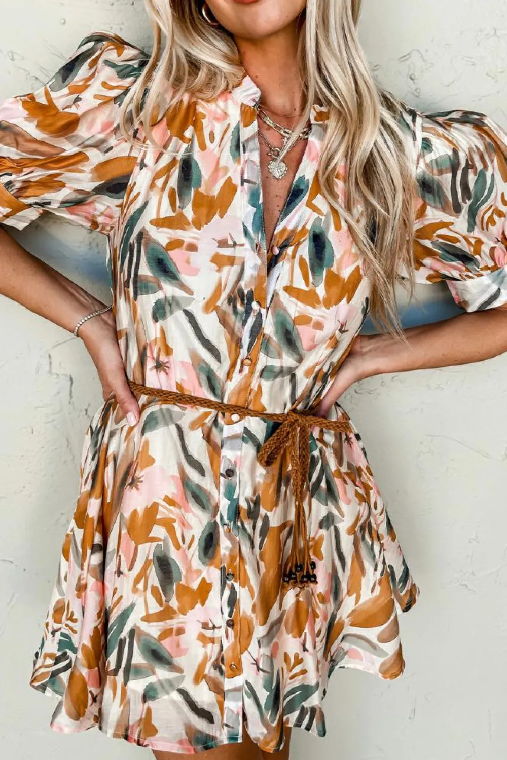 Fashion Dear-Lover Abstract Printed Puff Sleeve Button Up Braided Belt Mini Dress Brown