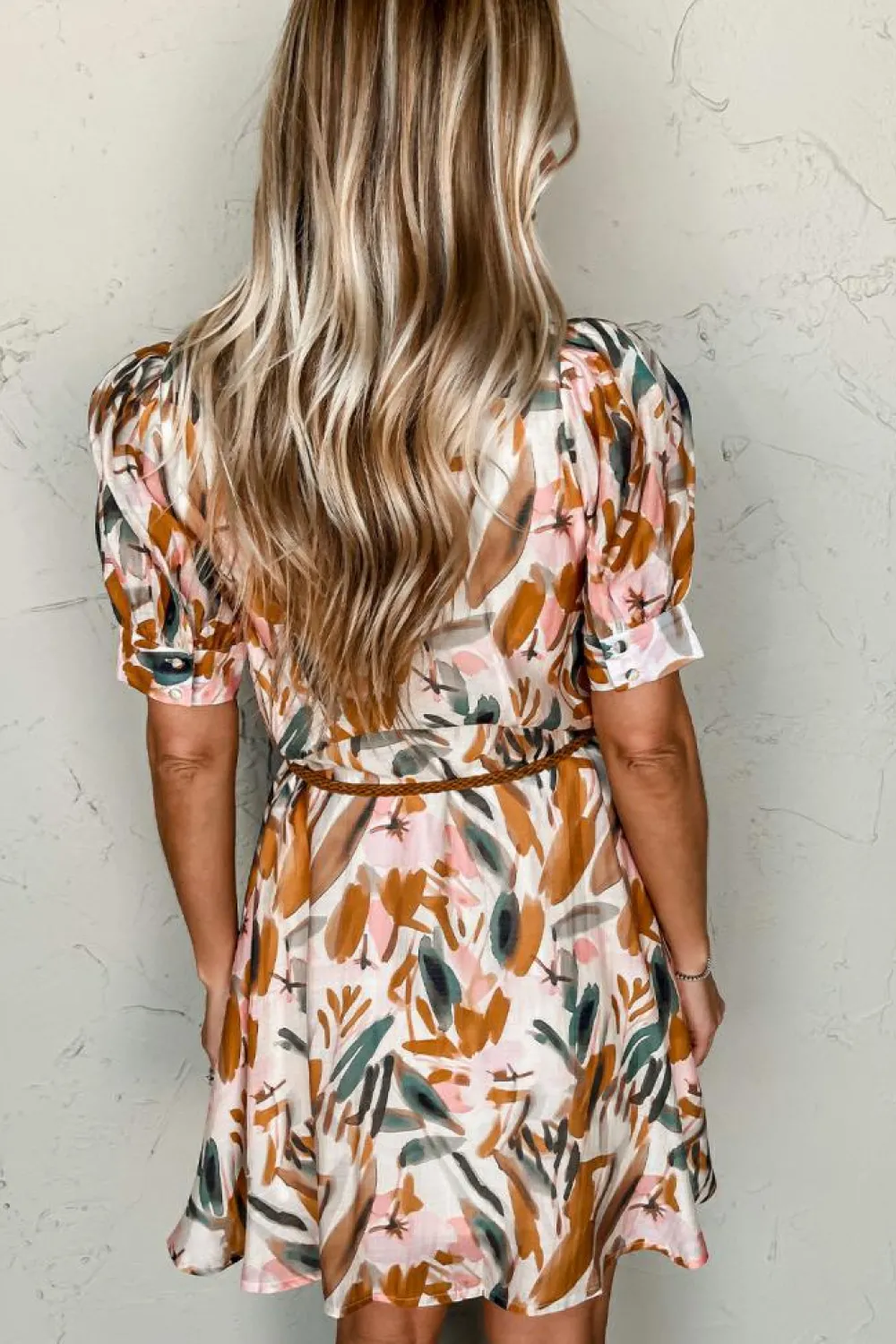 Fashion Dear-Lover Abstract Printed Puff Sleeve Button Up Braided Belt Mini Dress Brown