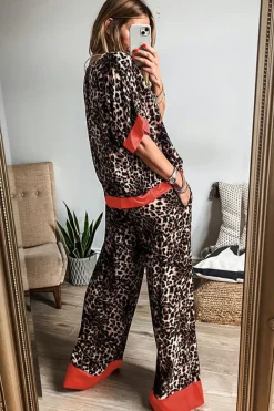 Online Dear-Lover Animal Print Color Contrast Edge Loose Fit Pants Set Brown