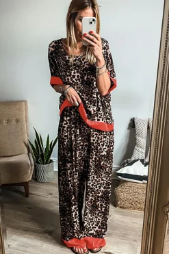 Online Dear-Lover Animal Print Color Contrast Edge Loose Fit Pants Set Brown