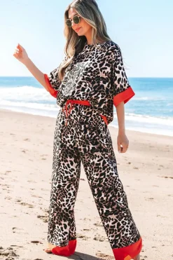 Online Dear-Lover Animal Print Color Contrast Edge Loose Fit Pants Set Brown