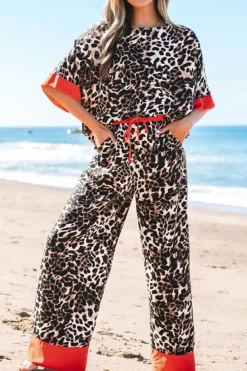 Online Dear-Lover Animal Print Color Contrast Edge Loose Fit Pants Set Brown