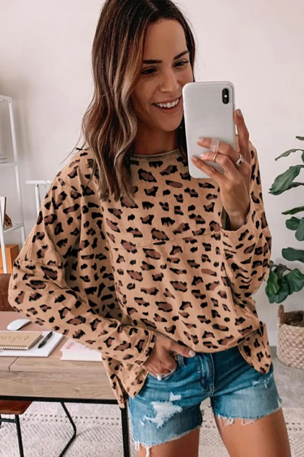 Hot Dear-Lover Animal Print Stitching Loose Long Sleeve Top Brown