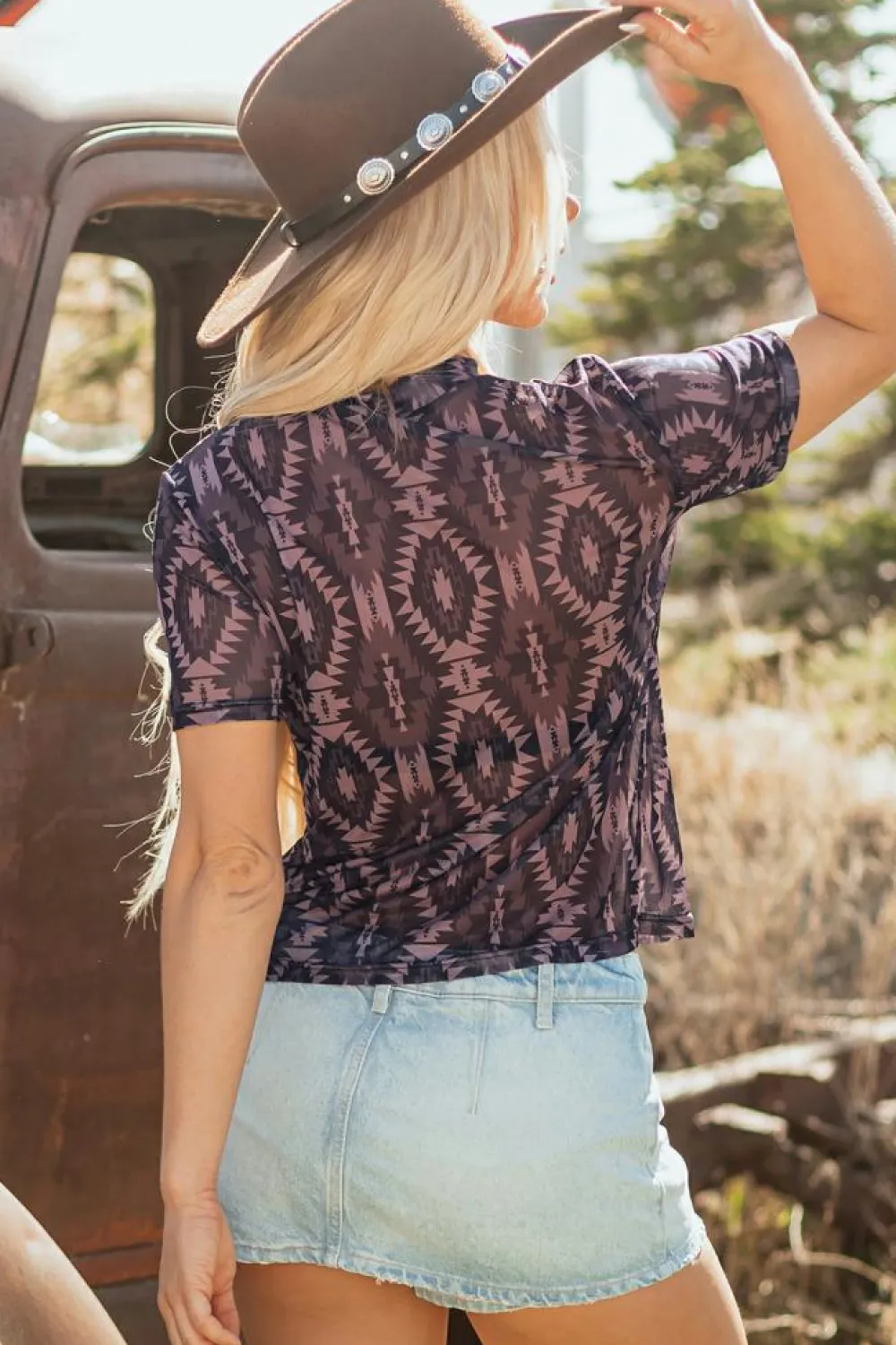 New Dear-Lover Aztec Print Mock Neck Short Sleeve Mesh T Shirt Brown