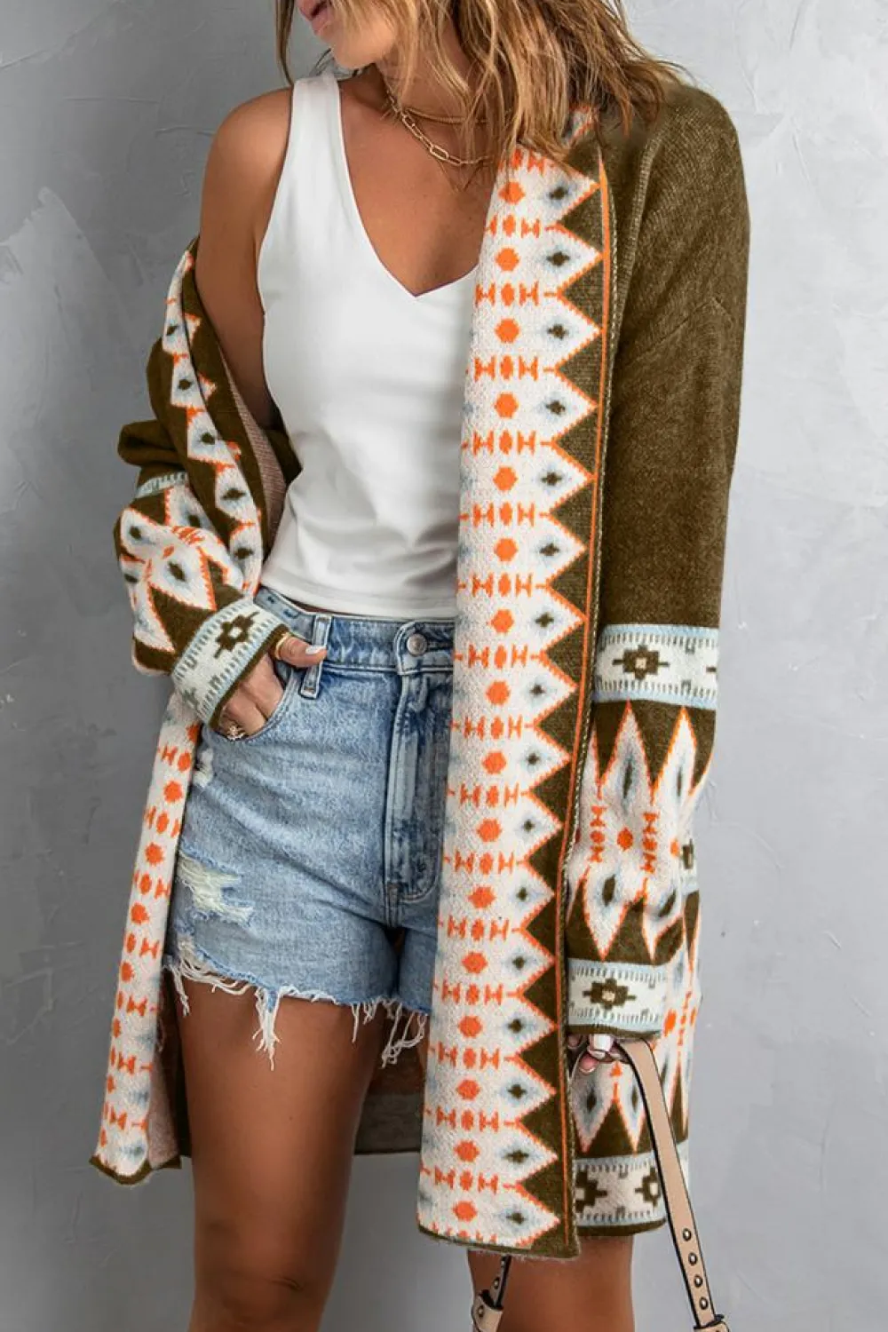 Outlet Dear-Lover Aztec Print Open Front Knitted Cardigan Brown