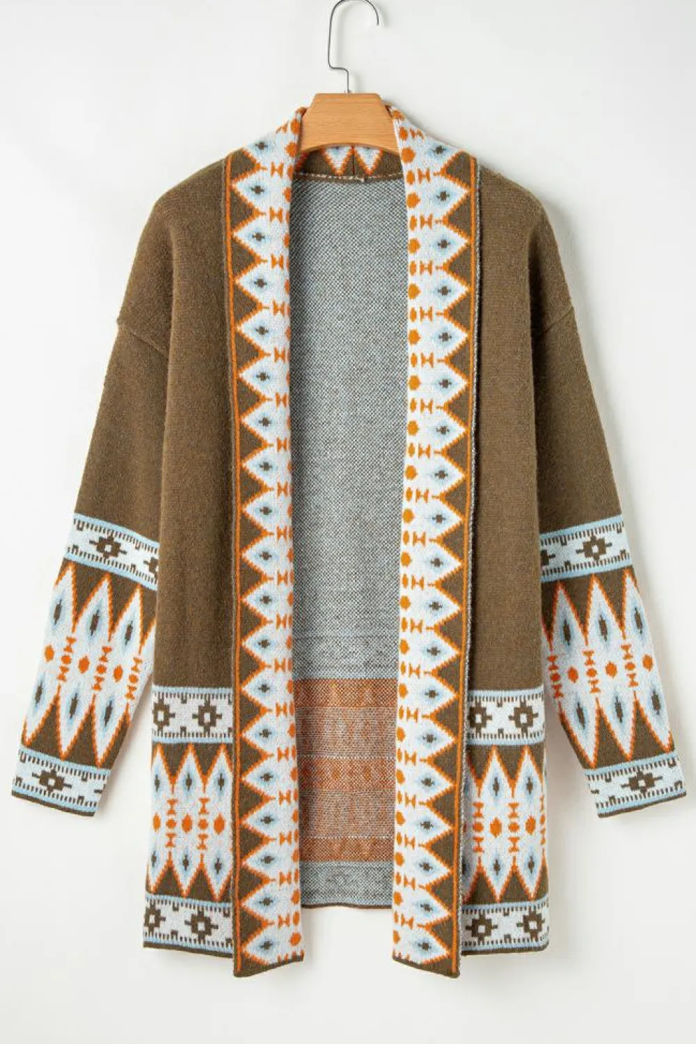 Outlet Dear-Lover Aztec Print Open Front Knitted Cardigan Brown