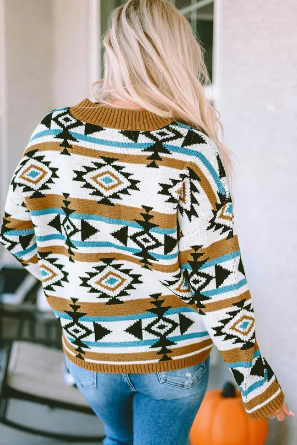 Sale Dear-Lover Aztec Striped Knit Ribbed Trim Sweater Brown