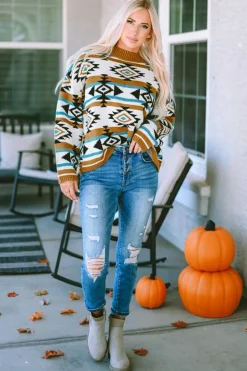 Sale Dear-Lover Aztec Striped Knit Ribbed Trim Sweater Brown