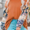 New Dear-Lover Boho Floral Print Balloon Sleeve Top with Lace Details Brown