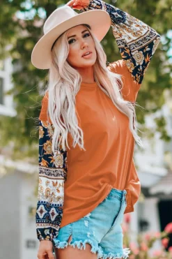 New Dear-Lover Boho Floral Print Balloon Sleeve Top with Lace Details Brown