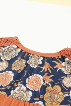 New Dear-Lover Boho Floral Print Balloon Sleeve Top with Lace Details Brown