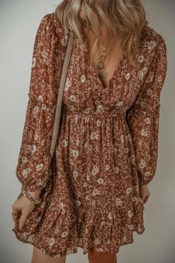 Sale Dear-Lover Boho Floral Ruffled Puff Sleeve V Neck Mini Dress Brown