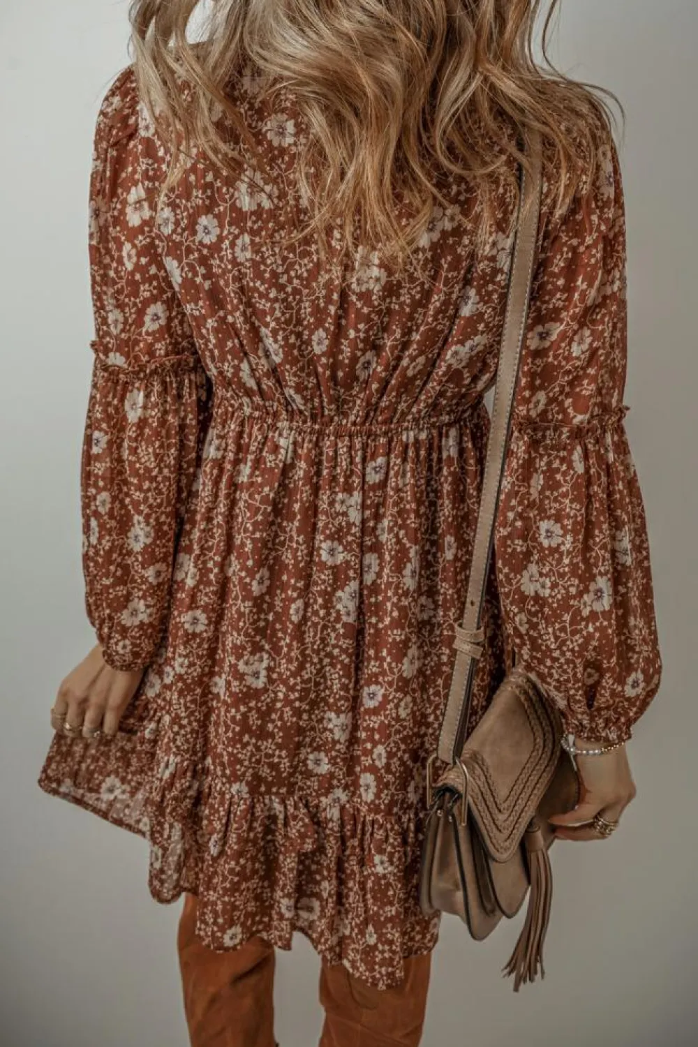 Sale Dear-Lover Boho Floral Ruffled Puff Sleeve V Neck Mini Dress Brown