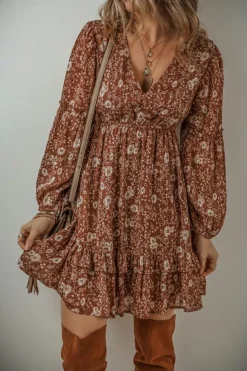 Sale Dear-Lover Boho Floral Ruffled Puff Sleeve V Neck Mini Dress Brown
