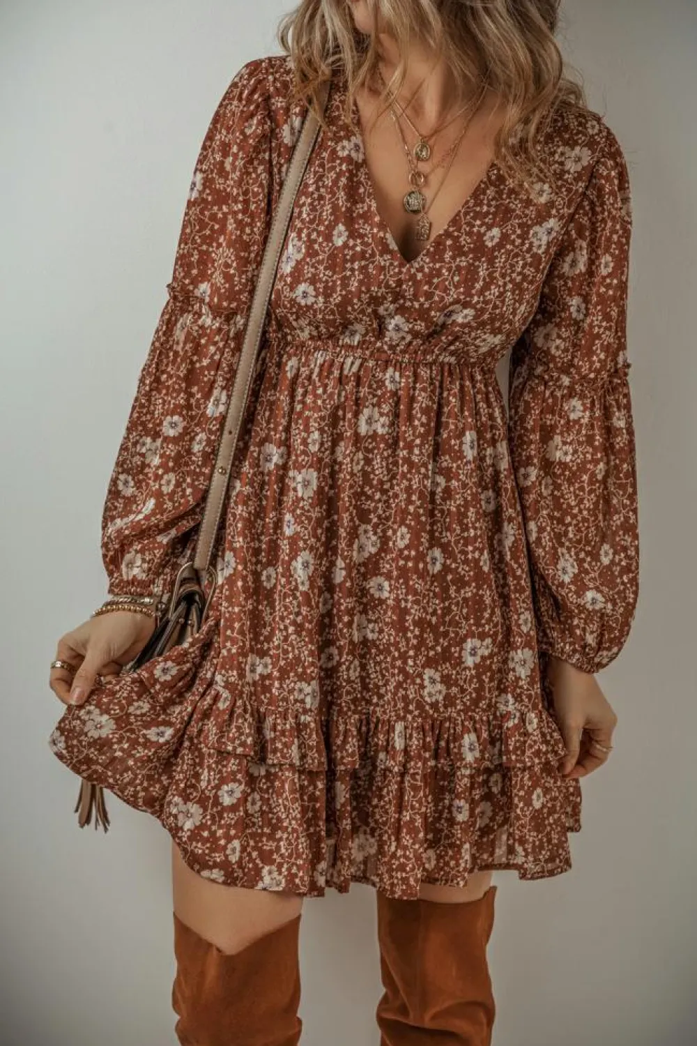 Sale Dear-Lover Boho Floral Ruffled Puff Sleeve V Neck Mini Dress Brown