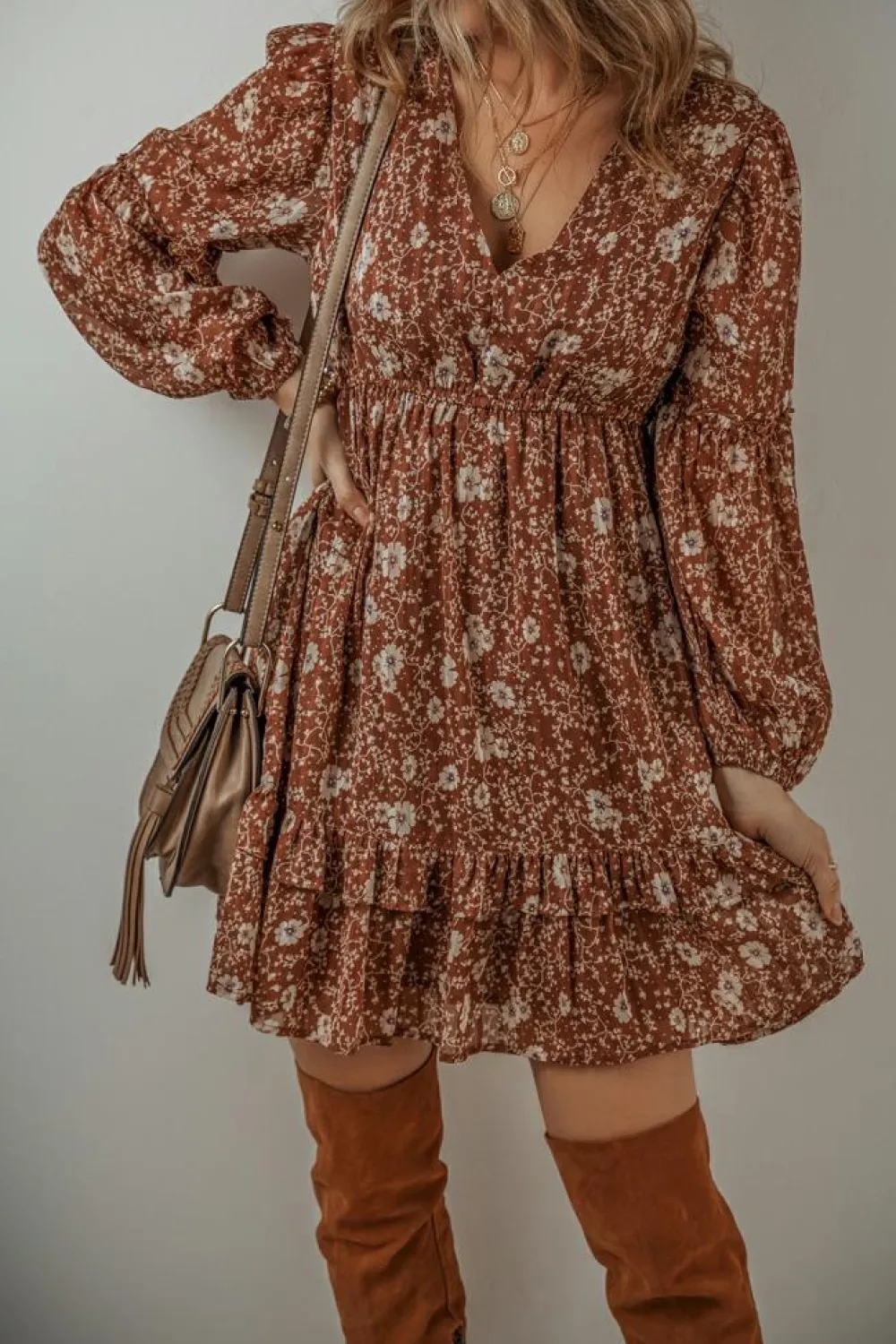 Sale Dear-Lover Boho Floral Ruffled Puff Sleeve V Neck Mini Dress Brown