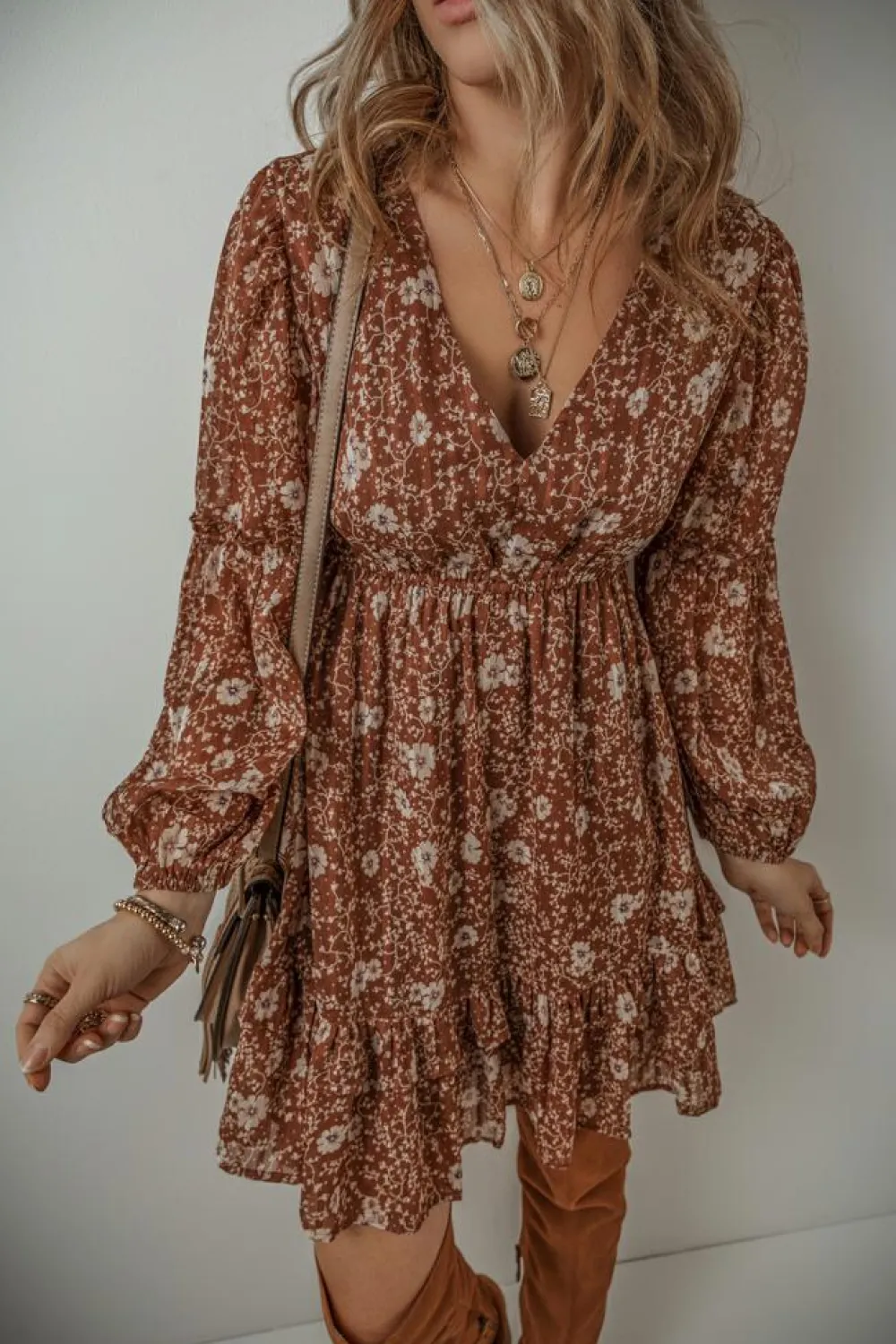 Sale Dear-Lover Boho Floral Ruffled Puff Sleeve V Neck Mini Dress Brown