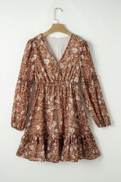 Sale Dear-Lover Boho Floral Ruffled Puff Sleeve V Neck Mini Dress Brown