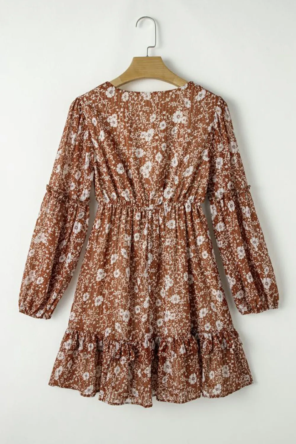 Sale Dear-Lover Boho Floral Ruffled Puff Sleeve V Neck Mini Dress Brown
