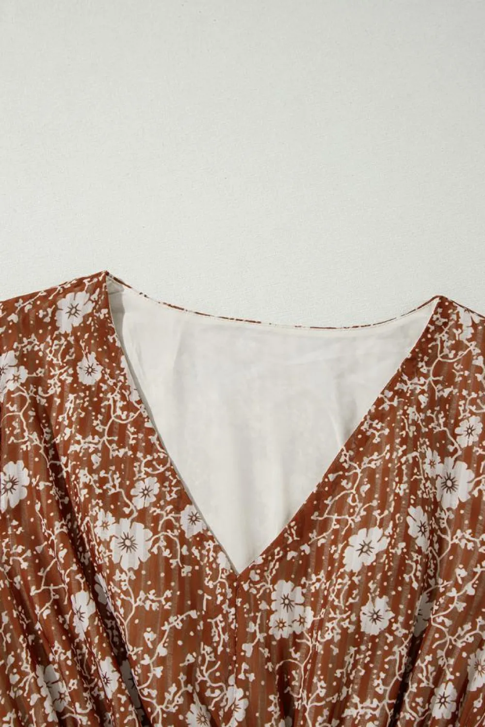 Sale Dear-Lover Boho Floral Ruffled Puff Sleeve V Neck Mini Dress Brown
