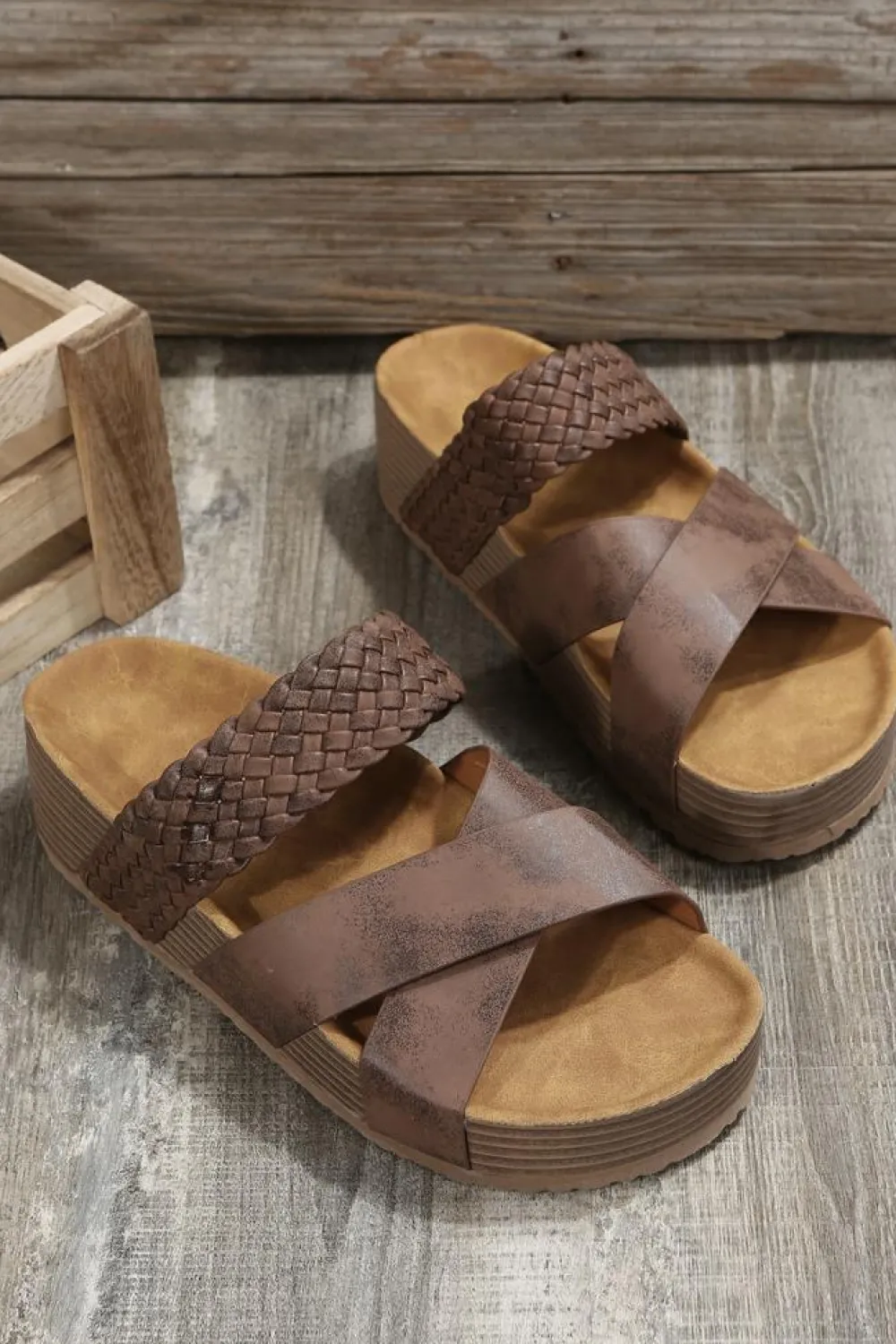 Sale Dear-Lover Braided Detail Criss Cross Platform Slippers Brown