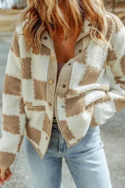 Discount Dear-Lover Checked Snap Button Sherpa Jacket Brown