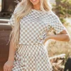 New Dear-Lover Checkerboard T Shirt and High Waist Skorts 2 Piece Outfit Brown