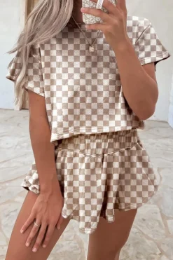 New Dear-Lover Checkerboard T Shirt and High Waist Skorts 2 Piece Outfit Brown