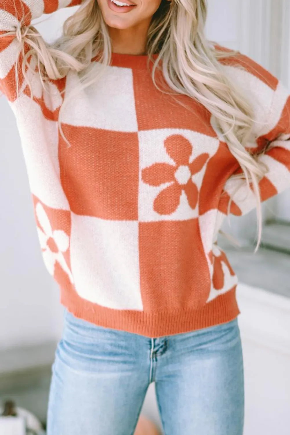 Online Dear-Lover Checkered Floral Print Striped Sleeve Sweater Brown