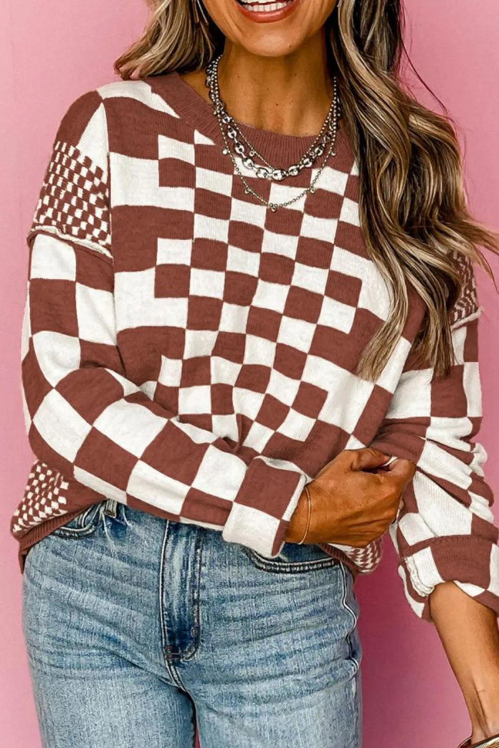 Discount Dear-Lover Checkered Print Drop Shoulder Round Neck Sweater Brown